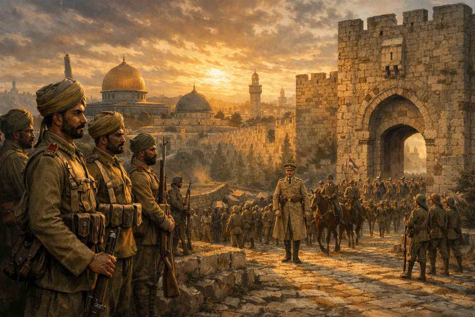 Muslim soldiers under British command guarding Jerusalem after the 1917 conquest during World War I