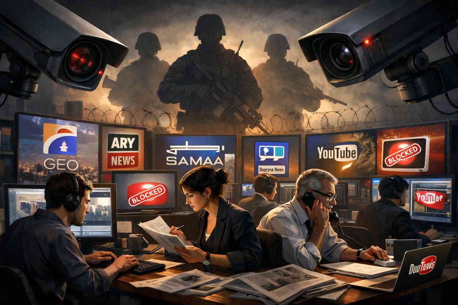 Pakistan media control illustration showing journalists under surveillance and military influence over news media