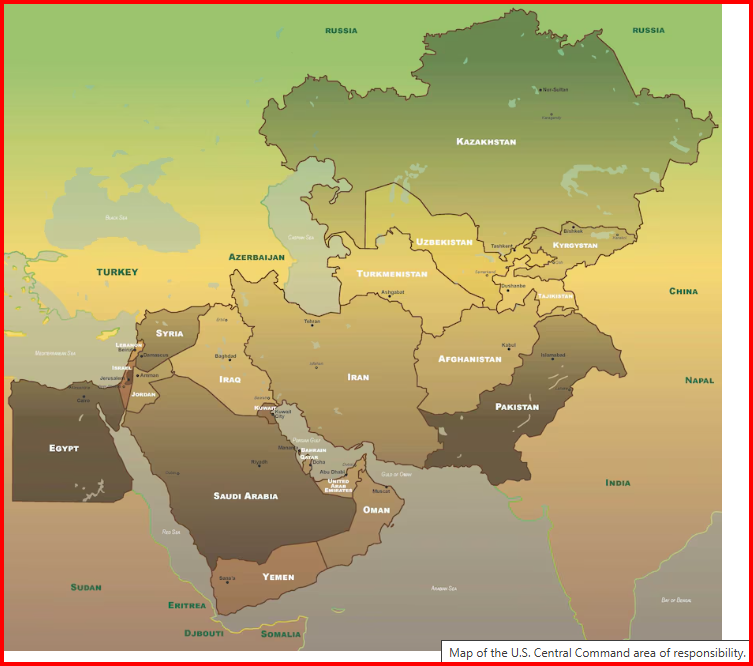 Map of U.S. Central Command area of responsibility covering Middle East and Central Asia