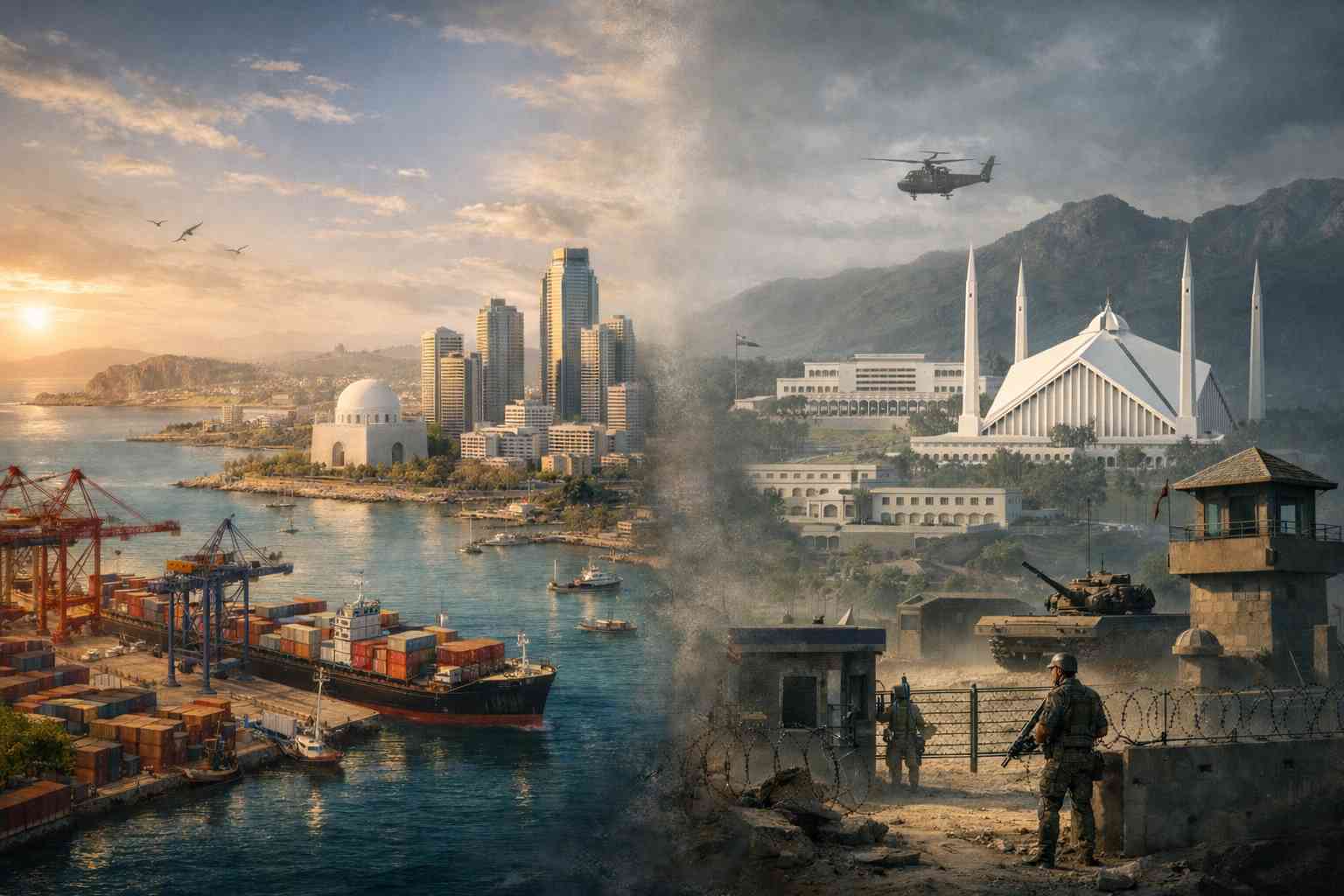 Karachi Capital Shift illustration showing Karachi port city contrasted with Islamabad power center