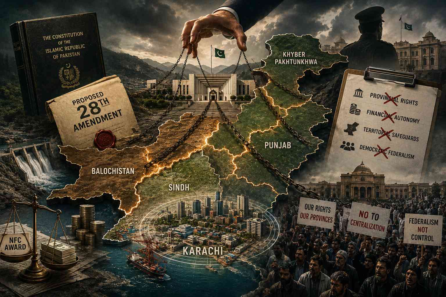Illustration depicting Pakistan’s proposed 28th Amendment and rising tensions over federalism and provincial autonomy