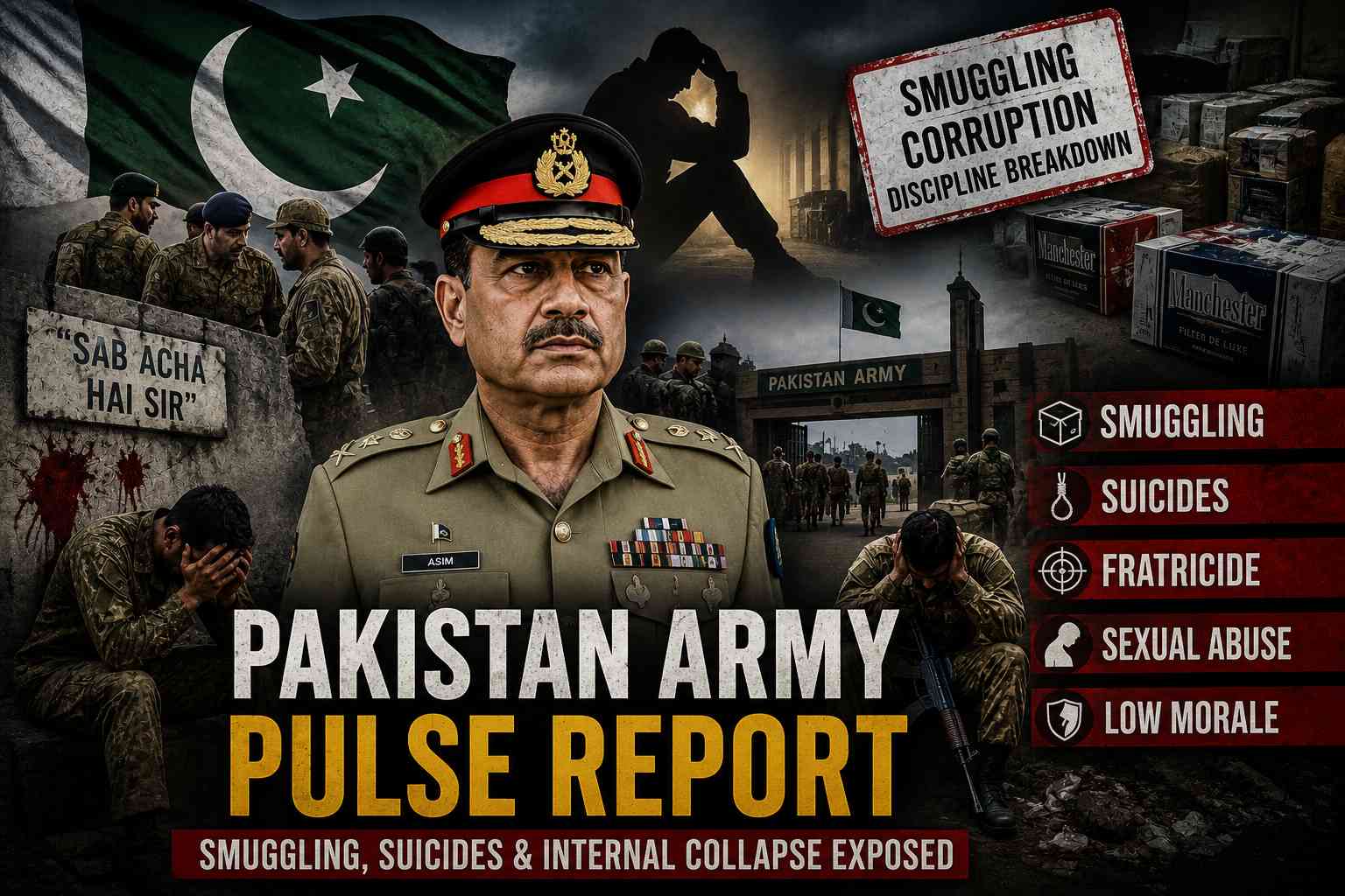 Pakistan Army officers in dark military setting symbolizing internal crisis, corruption and discipline breakdown