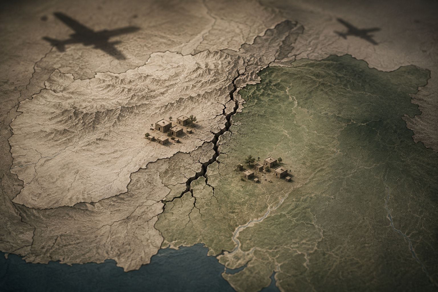 Symbolic cracked map of Pakistan and Afghanistan with aircraft silhouettes and small border homes. Pakistan Afghan airstrikes