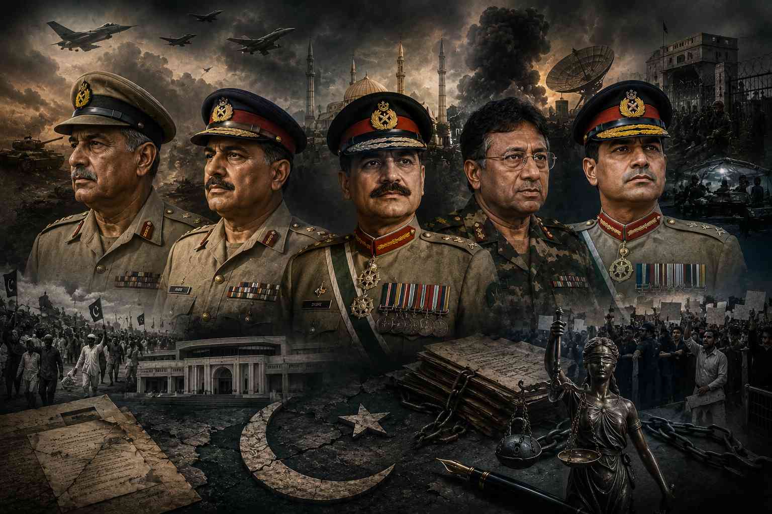 Illustration showing Pakistan military strongmen and their impact on democracy and governance