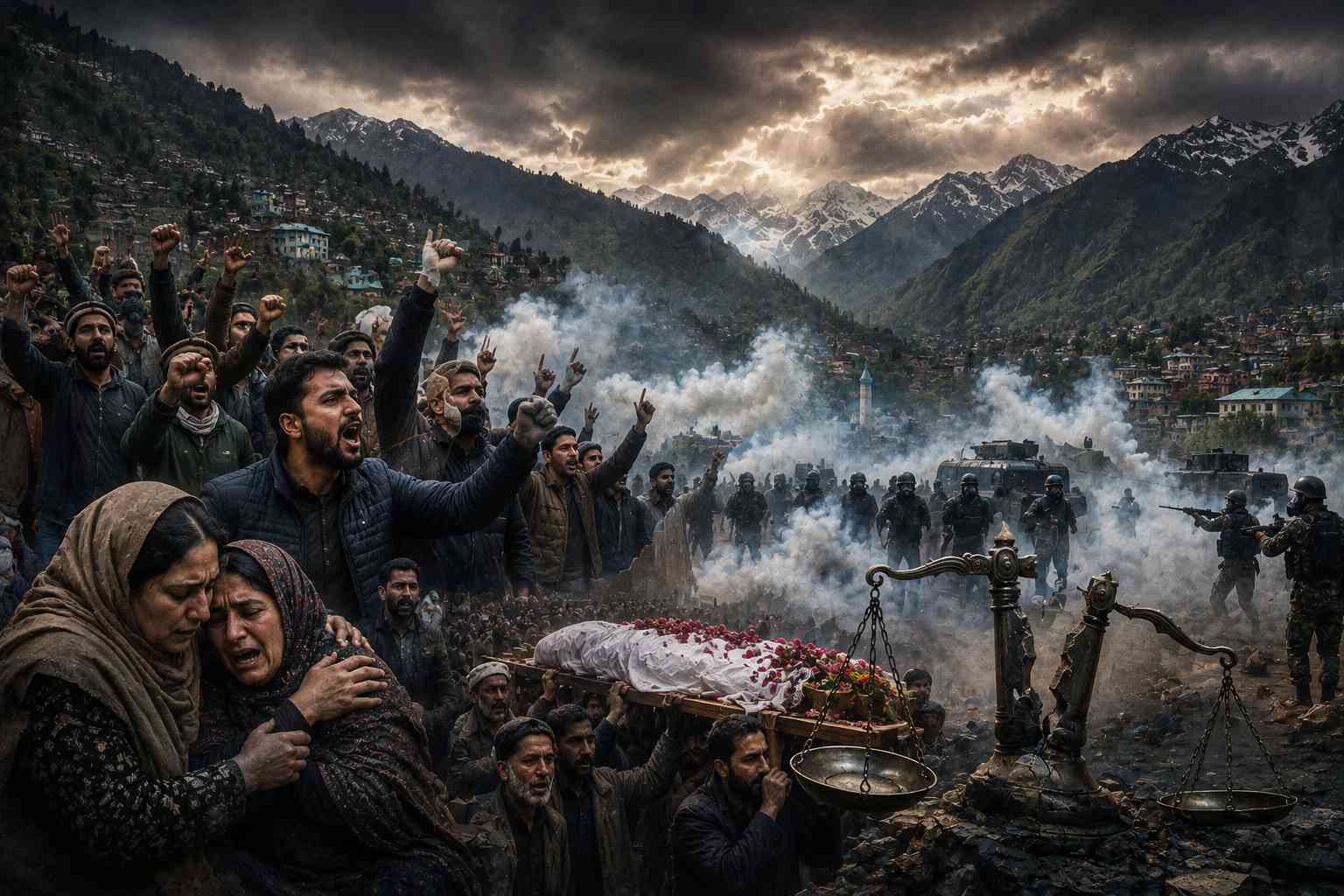 Editorial illustration of Rawalakot protests and unrest in Azad Kashmir