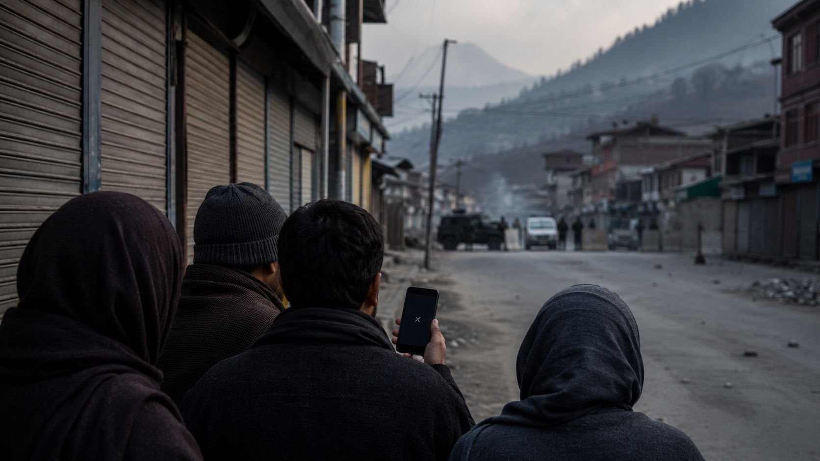 AJK crackdown shown through silent streets, closed shops, and a distant checkpoint