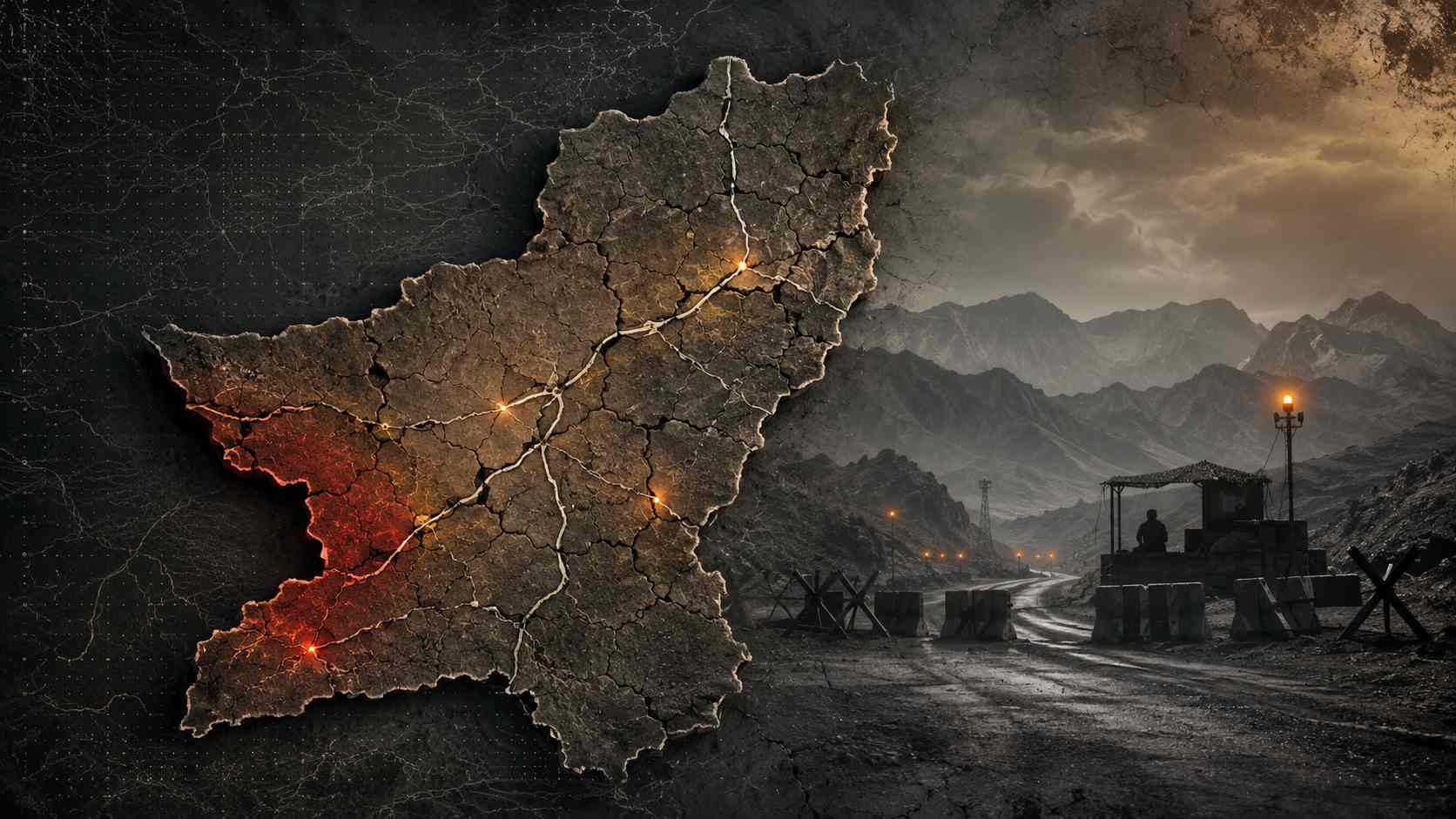 Balochistan security crisis represented by cracked map and checkpoint imagery