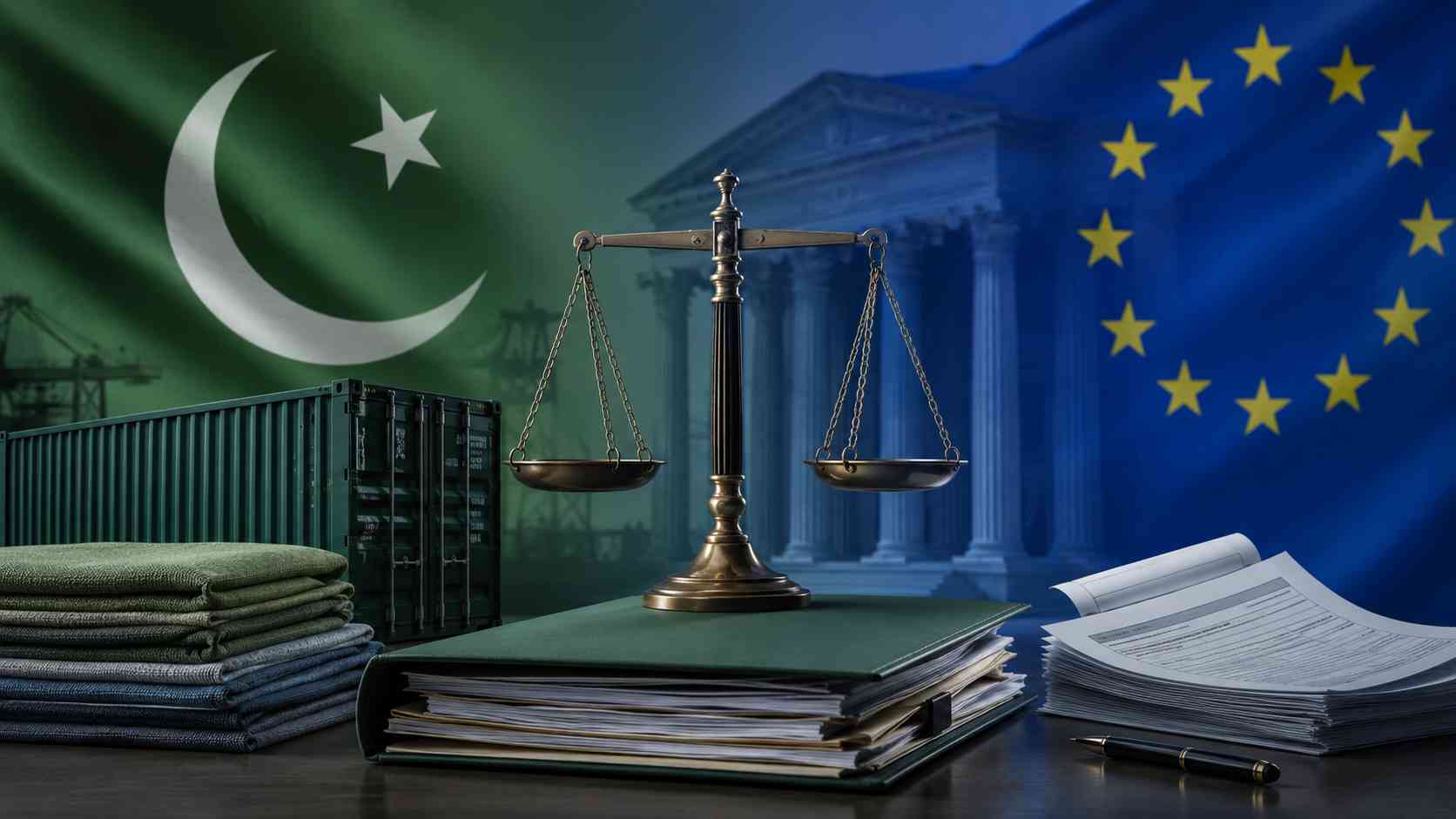 Pakistan GSP+ compliance shown through EU trade documents, textiles, and rule-of-law symbols