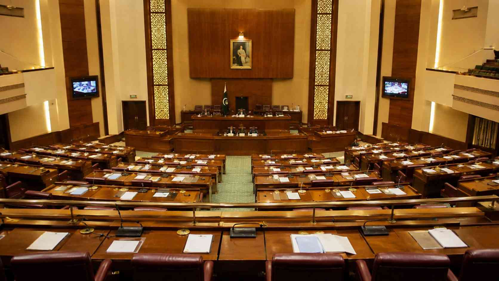 Pakistan Senate scrutiny shown through an empty parliamentary chamber