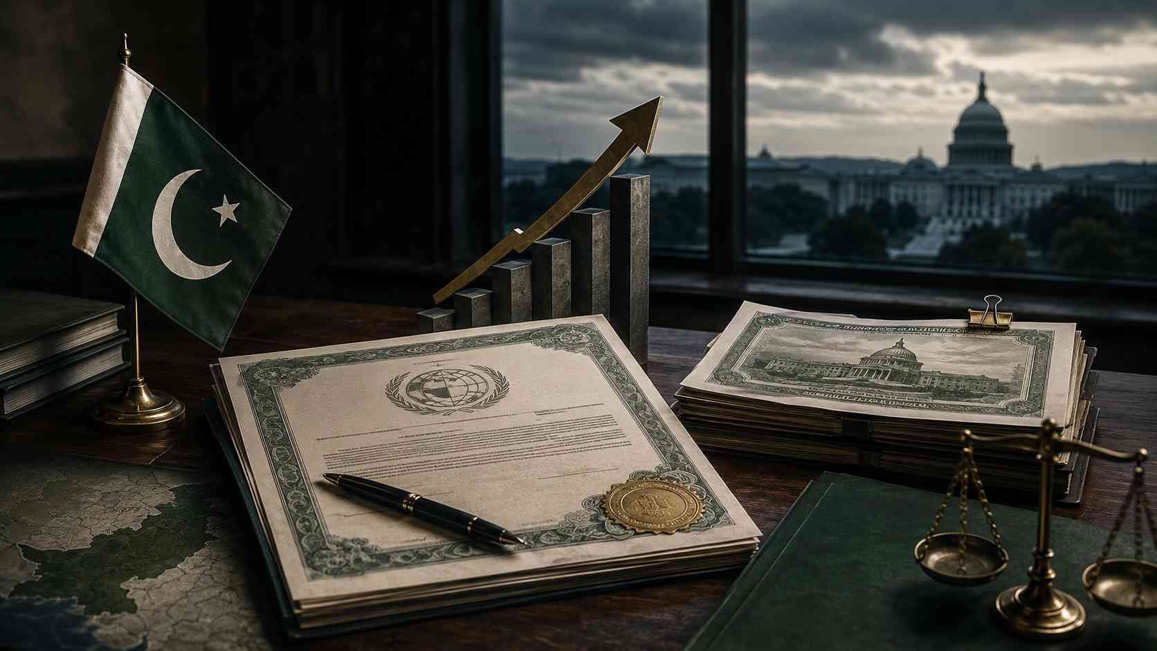 Pakistan credit rating upgrade shown through debt papers and reform symbols