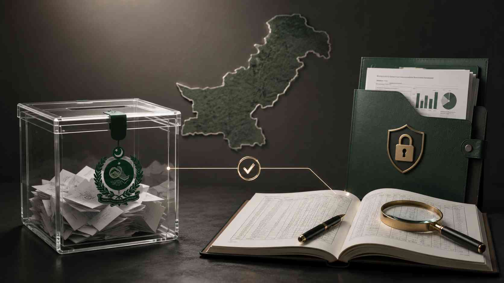 Pakistan lawmakers asset scrutiny represented by a ballot box and financial ledger