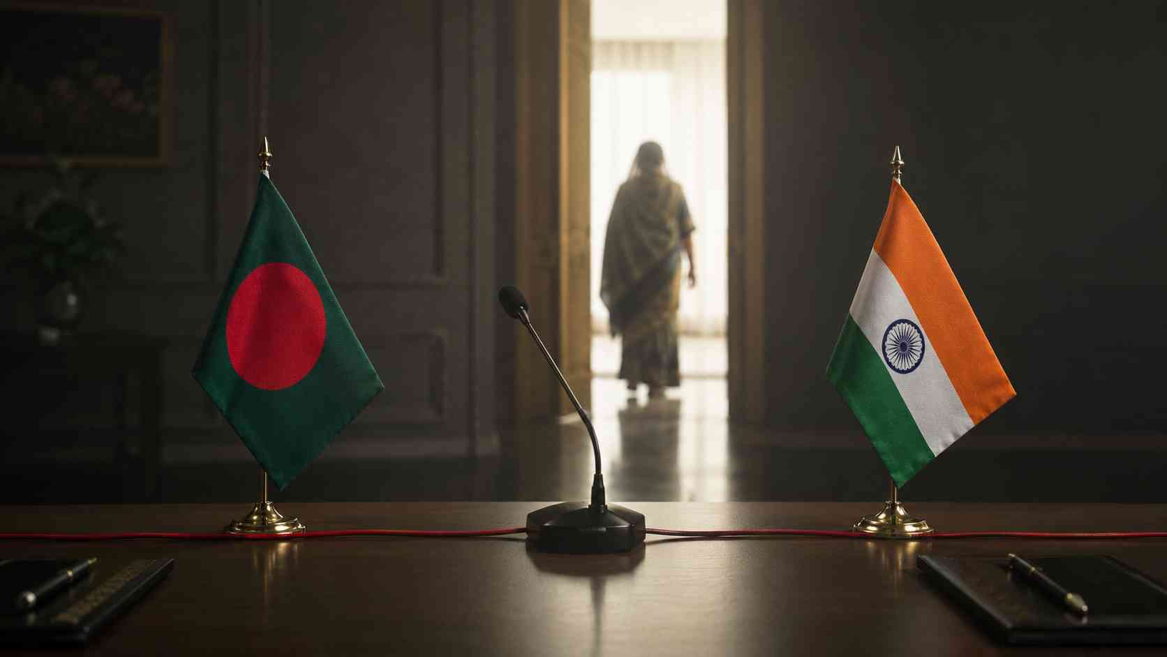 Sheikh Hasina return pledge symbolized between Bangladesh and India flags
