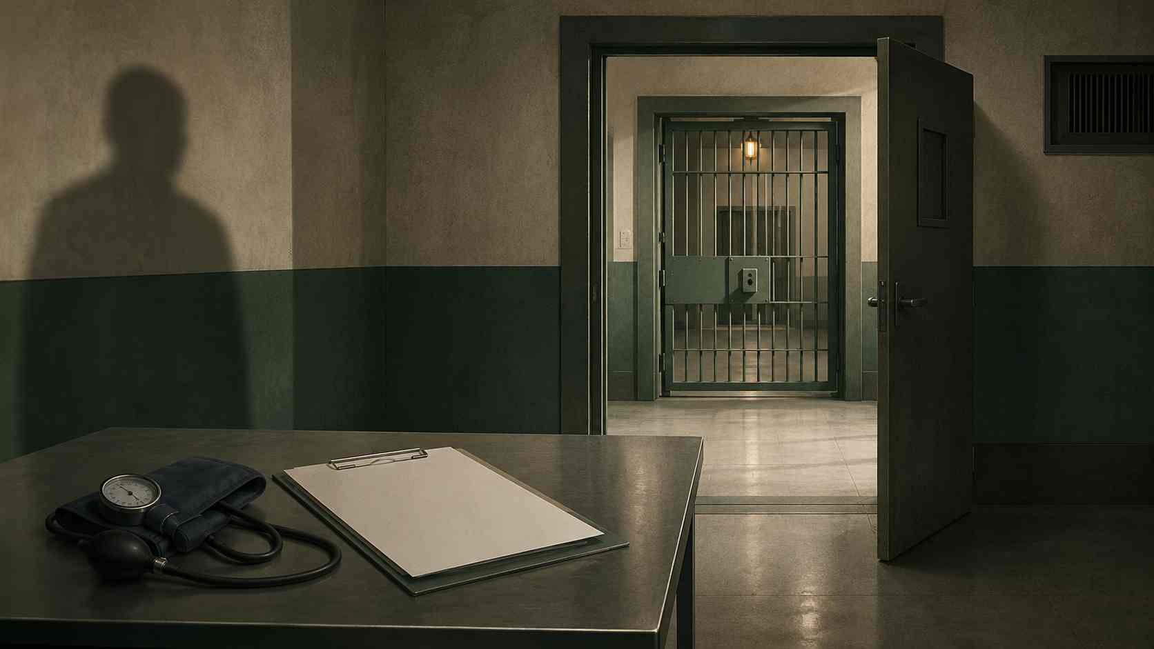 Imran Khan medical report beside an open doorway leading to another locked institutional gate