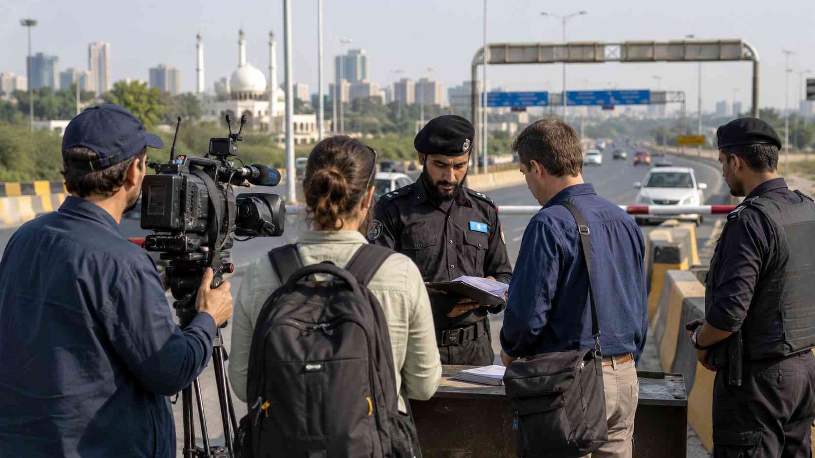 Pakistan foreign media NOC check at a highway reporting checkpoint