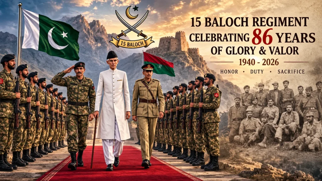 15 Baloch 86th Raising Day illustration reflecting the regiment's history, courage, and service to Pakistan
